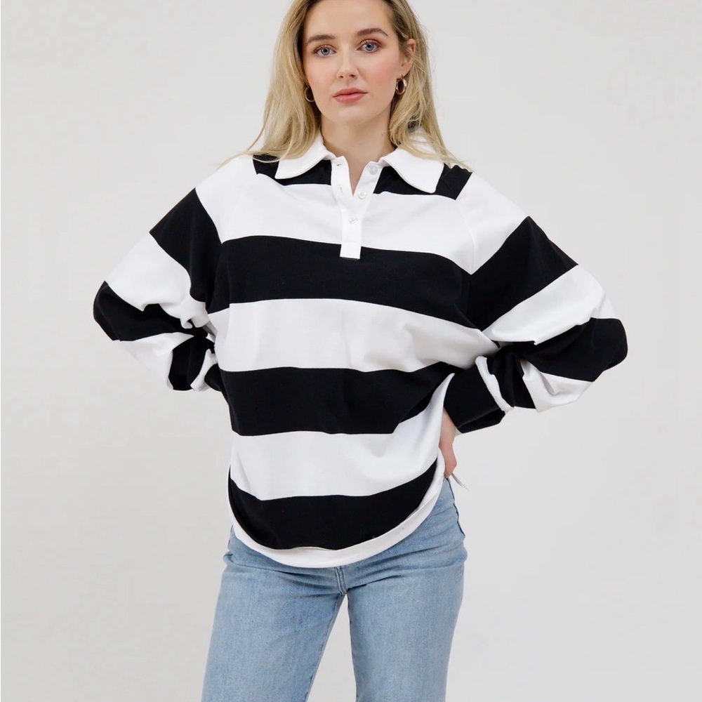 Black and White Oversized Rugby Polo Shirt